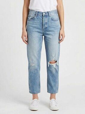 DEL RAY Distressed High Rise Straight Leg Jeans Light Wash Cropped 28